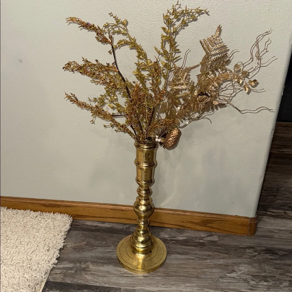 Vintage Tall ornate Etched Shiny Brass Vase 17 in w glittery gold arrangement